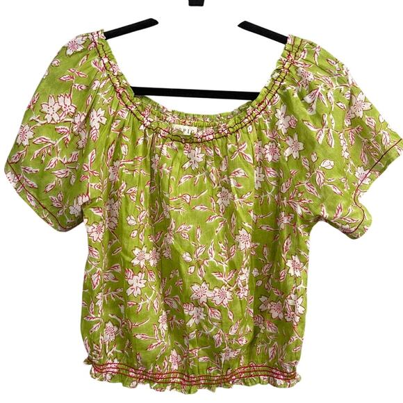Aspiga Women's Lightweight Blouse Organic Cotton Floral Pink Green Semi Sheer - Picture 1 of 6